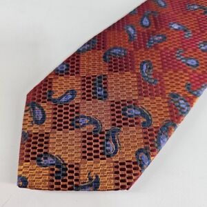 Vtg Ermenegildo Zegna Tie Orange Red Blue 3D Checkered Paisley Woven Textured